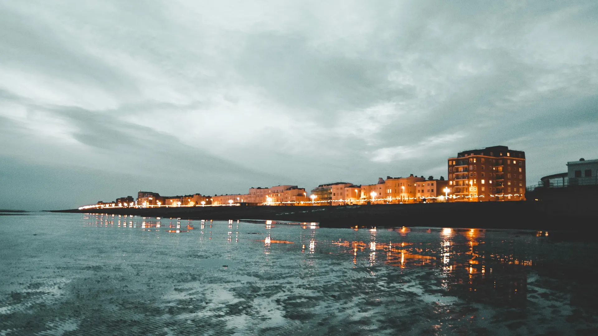 English coastal town and evening light